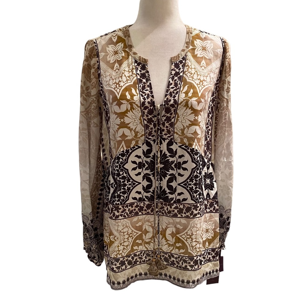 Hale Bob Floral Mosaic Long-Sleeve Blouse in Beige, Brown & Cream